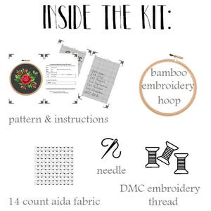 May include: A cross-stitch embroidery kit with a black and red floral design. The kit includes a pattern, instructions, 14 count Aida fabric, a bamboo embroidery hoop, a needle, and DMC embroidery thread.
