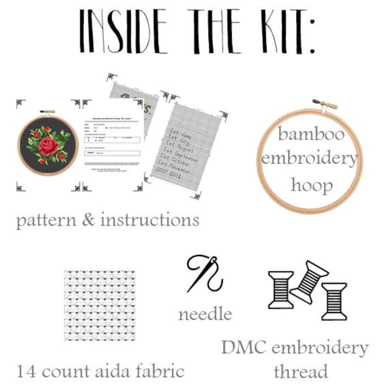 May include: A cross-stitch embroidery kit with a black and red floral design. The kit includes a pattern, instructions, 14 count Aida fabric, a bamboo embroidery hoop, a needle, and DMC embroidery thread.