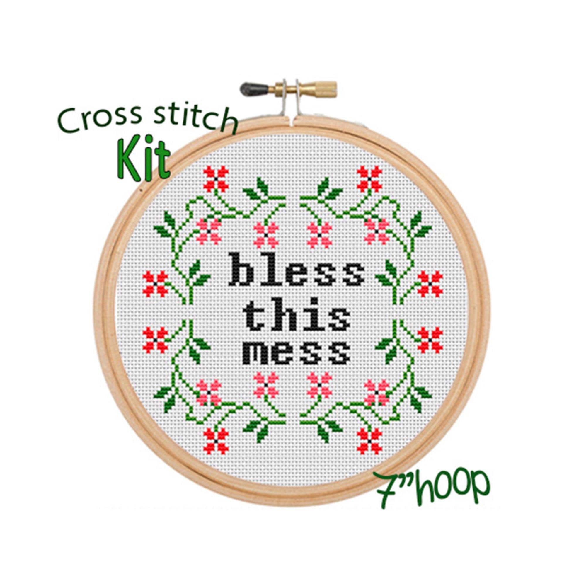 Bless This Mess Cross Stitch Kit. Beginner Cross Stitch. Flowers