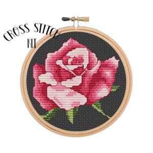 Pink Rose 4&quot; Hoop Cross Stitch Kit. Flowers Cross Stitch Kit. Beginner Cross Stitch. Easy Modern Cross Stitch. Retro Embroidery.