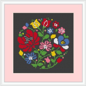 May include: A colorful floral design with red, yellow, blue, green, white, and pink flowers on a black background. The flowers are arranged in a circle.