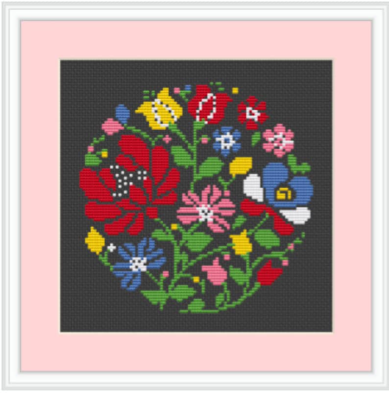 May include: A colorful floral design with red, yellow, blue, green, white, and pink flowers on a black background. The flowers are arranged in a circle.