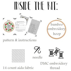 May include: Cross stitch embroidery kit with a bamboo hoop, needle, DMC embroidery thread, 14 count Aida fabric, and instructions. The pattern includes a floral design with the text "your text here".