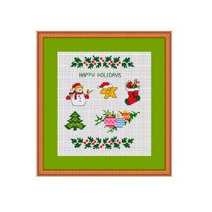 Happy Holidays. Merry Christmas Cross Stitch Pattern. Christmas Ornament Cross Stitch Pattern. ISnowman. Star. Wreath. Socks. Christmas Tree