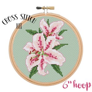 Cross Stitch Kit. Flowers Cross Stitch Kit. Lilies Cross Stitch Chart. Beginner Cross Stitch. Easy Modern Cross Stitch. Retro Embroidery.