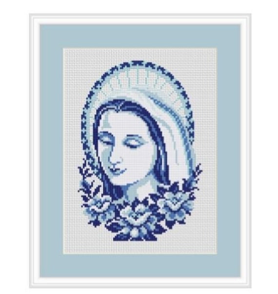 Virgin Mary Sacred Heart Catholic Counted Cross Stitch Pattern Chart 