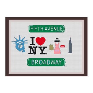 I Love New York Counted Cross Stitch Pattern. Statue Of Liberty. Empire State Building. Fifth Ave. PDF Instant Download.