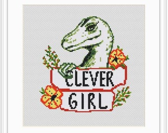 Clever Girl Jurassic Park Cross Stitch Pattern. Clever Girl Dinosaur Cross Stitch Velociraptor Love. Clever Girl Cross Stitch