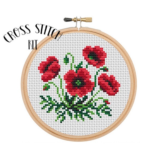 Kit de point de croix de fleurs de printemps. Kit de point de croix de graines de pavot. Flowers Cross Stitch Chart.  Broderie drôle. Couture. Kit de point de croix.