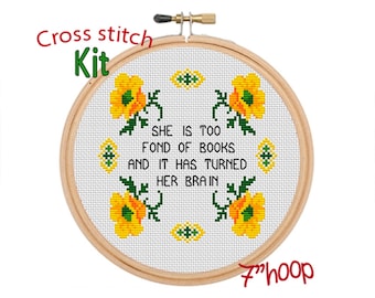 She Is Too Fond Of Books And It Has Turned Her Brain. Modern Cross Stitch Pattern. Funny Quotes. Books Lover Cross Stitch.