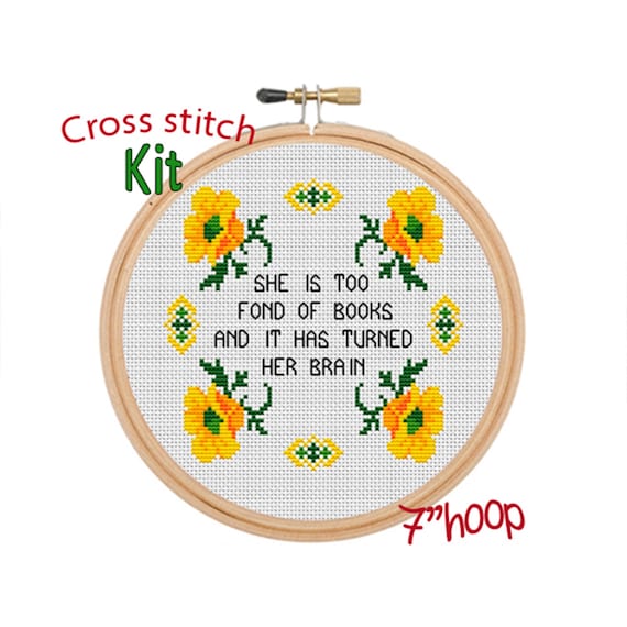 She Is Too Fond Of Books And It Has Turned Her Brain. Modern Cross Stitch Pattern. Funny Quotes. Books Lover Cross Stitch.