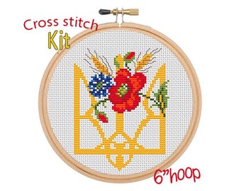 Coat Of Arms Ukraine Cross Stitch Kit. Tryzub Cross Stitch Pattern. Ukrainian Symbols. Poppies Cross Stitch Pattern. Ukrainian Ornament.