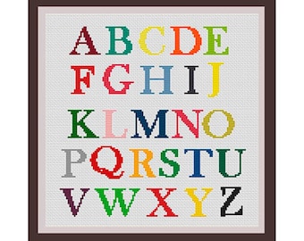 May include: A colorful alphabet cross stitch pattern with letters A through Z in different colors. The letters are arranged in three rows, with the first row being A through J, the second row being K through T, and the third row being U through Z.