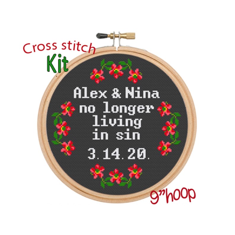 No Longer Living In Sin Cross Stitch Kit. Custom Names Date Kit. Wedding Gift. Flower Wedding Cross Stitch Kit. Bride. Groom. Announcement.