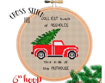 Funny Christmas Cross Stitch Kit, "Jolliest Bunch", DIY