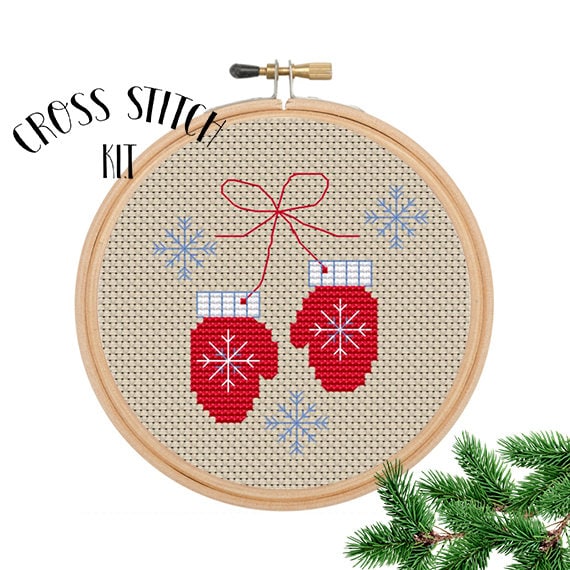 Christmas Mittens Cross Stitch Kit. Christmas Ornament Cross Stitch Set.  Winter Cross Stitch Set. Gift. Holiday Kit. Beginner Pattern. Snow.