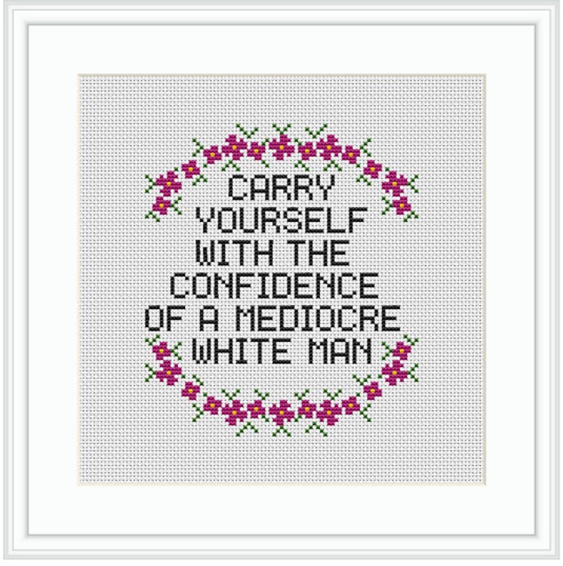 Carry Yourself with the Confidence of a Mediocre White Man Cross Stitch Kit. Modern Feminist Cross Stitch Kit. Sassy Funny Cross Stitch. image 2