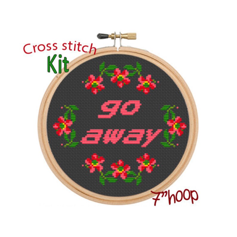 Go Away Cross Stitch Kit. Beginner Cross Stitch. Flowers Etsy