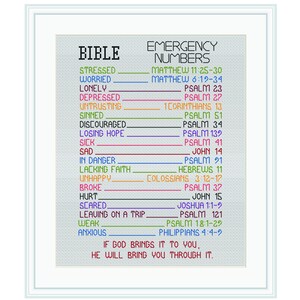 May include: A framed cross-stitch style print featuring "BIBLE EMERGENCY NUMBERS". It lists emotional states like "Stressed" and "Worried", each linked to a Bible verse, e.g., Matthew 11:25-30. The text is black with coloured lines.