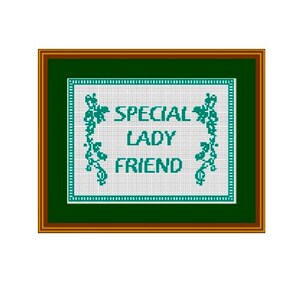 May include: A framed cross-stitch with a green border and white fabric. The cross-stitch reads "Special Lady Friend" with a floral design around the text.