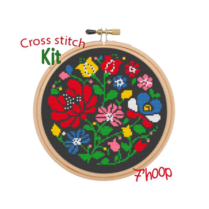 May include: Cross stitch kit featuring a colorful floral design with red, yellow, blue, green, and pink flowers on a black background. The kit includes a 7-inch hoop.