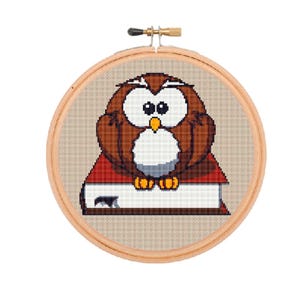 Smart Owl Cross Stitch Pattern, PDF, DMC threads. Owl With The Book. Funny.