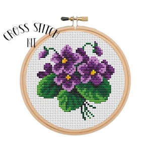 Violets Cross Stitch Kit. Flowers Embroidery. Spring Flowers Cross Stitch Kit. Flowers Cross Stitch Kit. Easy Embroidery. Needlework. 