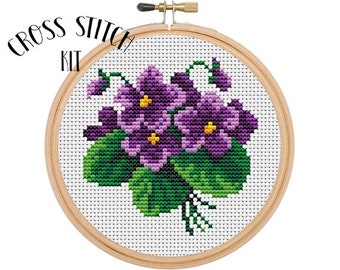 Violets Cross Stitch Kit. Flowers Embroidery. Spring Flowers Cross Stitch Kit. Flowers Cross Stitch Kit. Easy Embroidery. Needlework. 