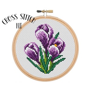 Crocuses Cross Stitch Kit. Beginner Cross Stitch. Spring Flowers Cross Stitch. Funny Embroidery. Needlework Set. Floral Cross Stitch Kit.