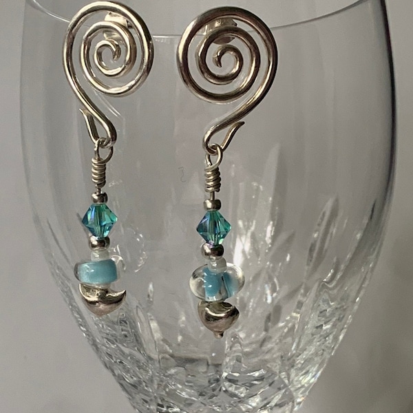 Sterling swirl design posts, glass, Swarovski and crystal beads in aqua and clear, sterling beads, sterling head pin with a fancy end #148.