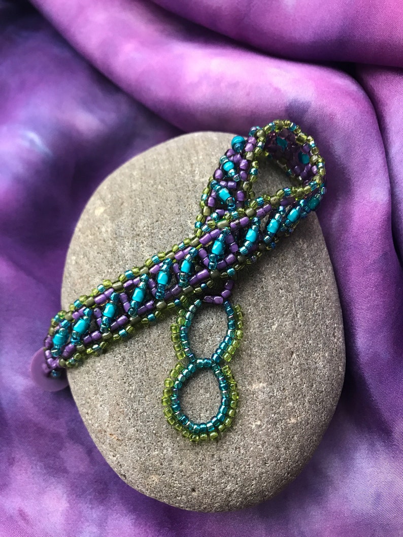 Seed Bead Bracelet in Purple, Lime Green and Turquoise With Vintage