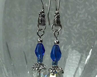 Sterling drop earrings with white Swarovski and blue tear drop crystals with seed bead accents (#109)