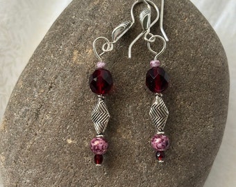 Sterling silver ear wire with Bali silver bead, 8 mm burgundy fire polished bead with accent beads #167