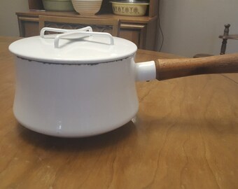 Vintage Dansk Kobenstyle Jens Quistgaard Medium White Enamel Saucepan with Wooden Handle and Lid made in France