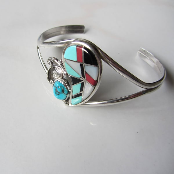 Southwestern Native American Navajo Sterling Silver Inlay Turquoise Coral Mother of Pearl Cuff Bracelet Signed SY