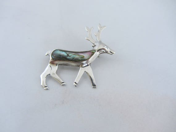 Vintage Sterling Silver Deer Brooch With Inlay Abalone Shell