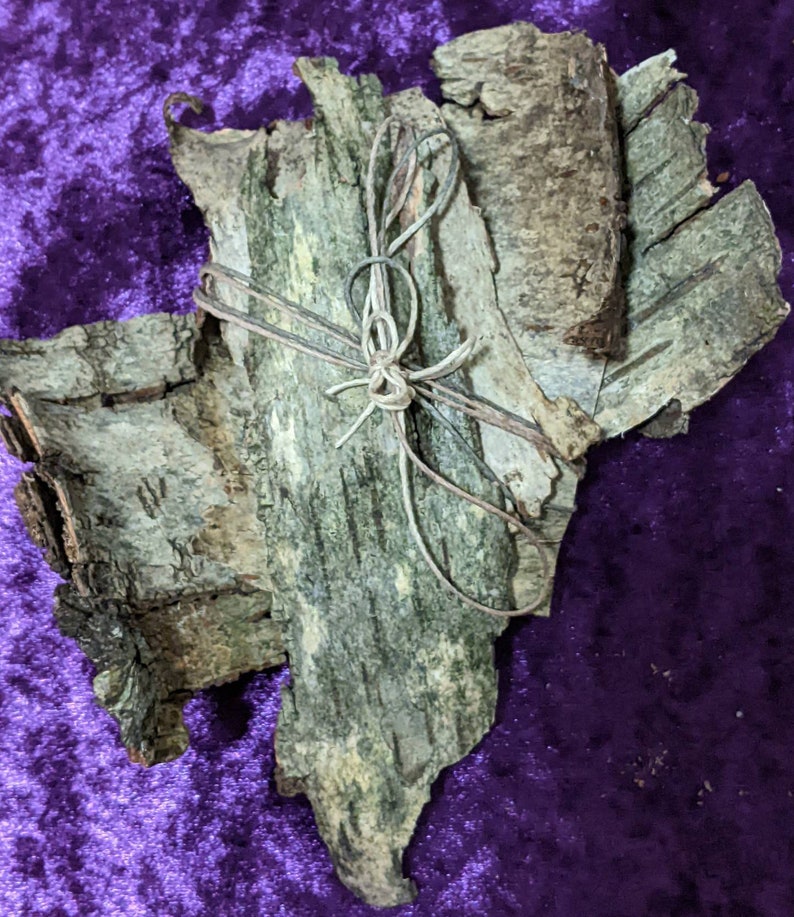 K&ouml;nnte beinhalten: Ein B&uuml;ndel Rinde, mit Schnur zusammengebunden, auf einem violetten Hintergrund. Die Rinde ist hellbraun und hat eine raue Textur.