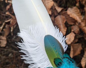 Wild Swan Feather, Aquamarine Crystal, Leather wrapped feather
