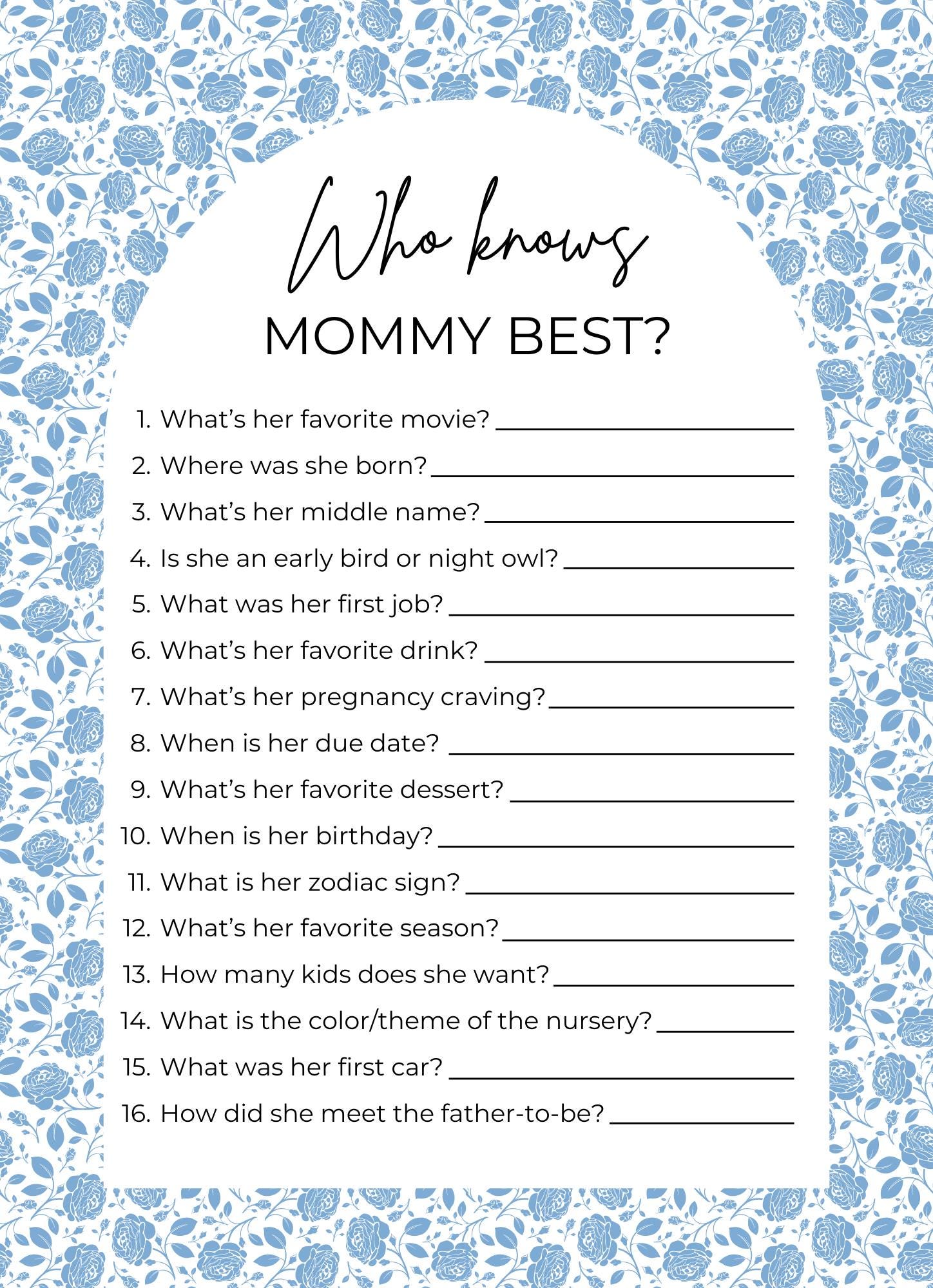 Gioco Baby Shower Chi Conosce Meglio La Mamma? - 20 Carte Ospite Effetto Glitter Blu + Risposte, Tema Maschietto