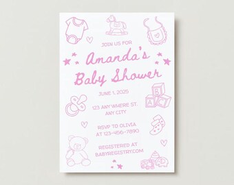 Illustrated Baby Shower Invitation (Pink) | Downloadable | Editable | Customizable | Printable | Trendy Baby Shower Invite