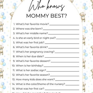 Chi conosce la mamma? Il miglior gioco per baby shower, per future mamme, download immediato, stampabile, gioco per baby shower, orsetti blu