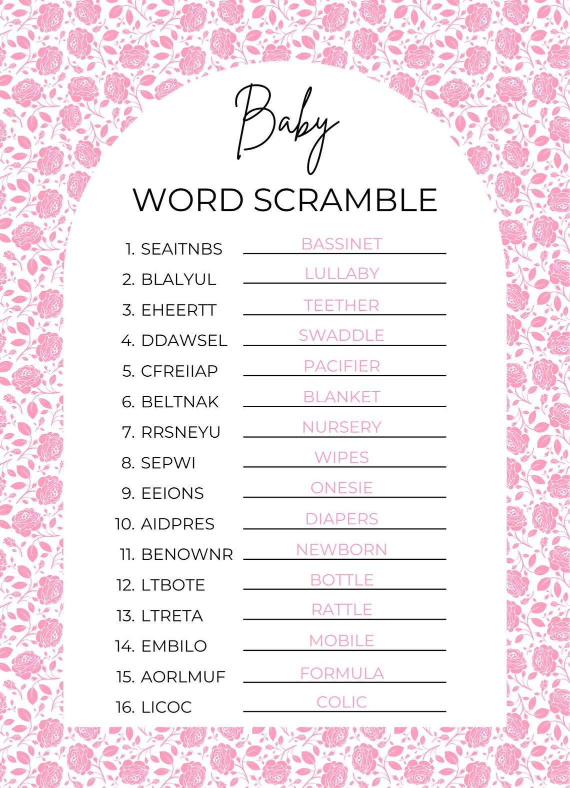 Pink Floral Baby Shower Word Scramble Game (printable, Instant Download ...
