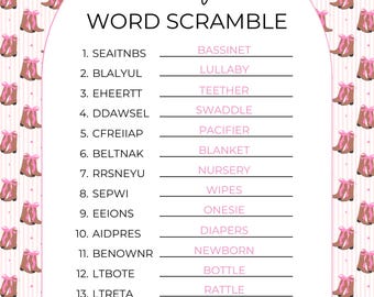 Word Scramble Baby Shower Game, Instant Download, Printable, Baby Shower Party Game, Pink Cowgirl