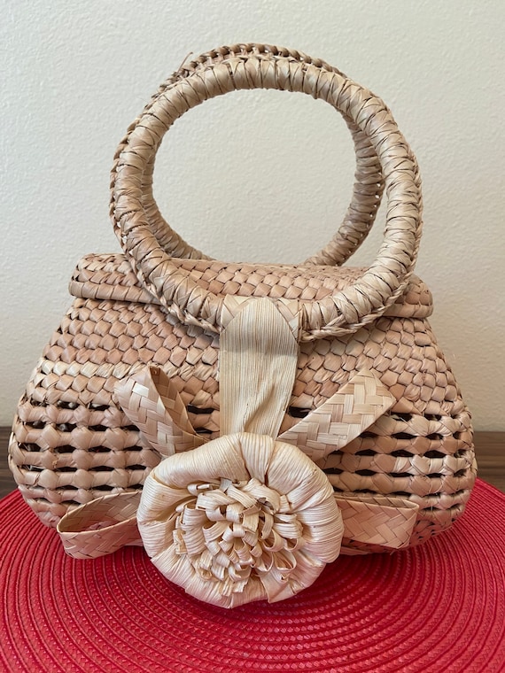 Woven Raffia Handbag with Flower - Wicker - Rattan