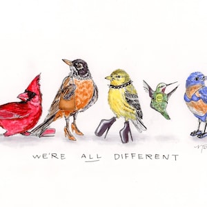 May include: A watercolor illustration featuring five birds with human-like accessories, including a red cardinal with rollers, a robin with a pearl necklace and handbag, a yellow bird in platform boots, a hummingbird with a backpack, and a blue bird.