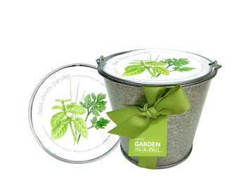 Herb Garden Pail | US made steel pail, Windowsill gardening, Gift for gardeners, cooks and mixologists, Basil, Garlic Chives and Parsley
