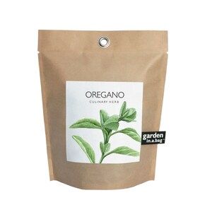 May include: A brown paper bag with a white label that says "OREGANO CULINARY HERB" and features a watercolor illustration of oregano. The bag has a metal grommet and a black label that says "garden in a bag".