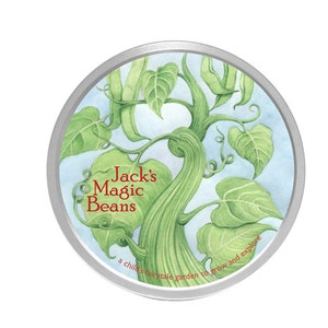 May include: A silver tin with a green beanstalk growing up the side. The tin has the words "Jack's Magic Beans" in red text and the phrase "a child's fairytale garden to grow and explore" in smaller red text.