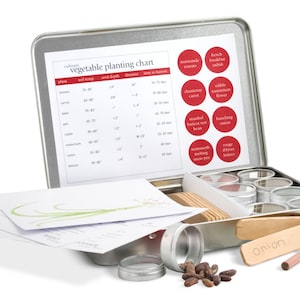 May include: A metal tin with a vegetable planting chart and seed packets. The chart lists different vegetables, their seed depth, spacing, and time to harvest. The tin also includes small wooden plant markers with the word "onion" printed on one.