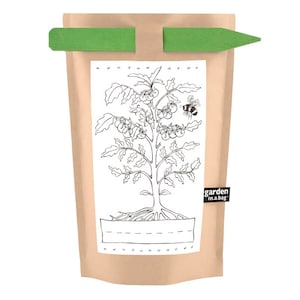 May include: A brown paper bag with a green clip, a black and white illustration of a tomato plant with a bee, and the text "garden in a bag".